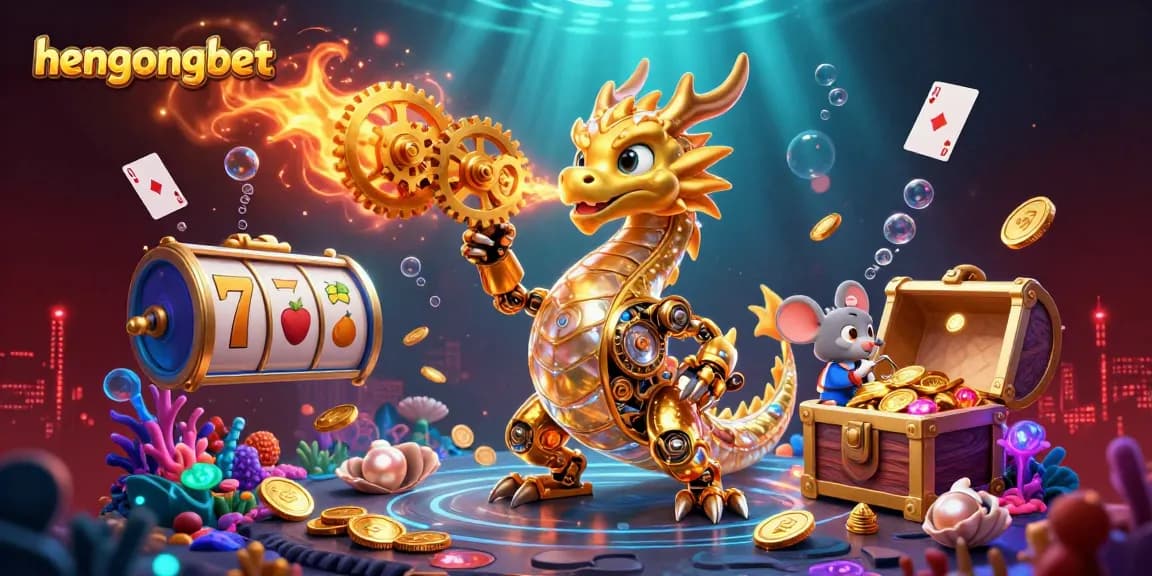 Experience thrilling gameplay with hengongbet in this vibrant 3D illustration featuring a golden dragon, slot reels, and treasure.
