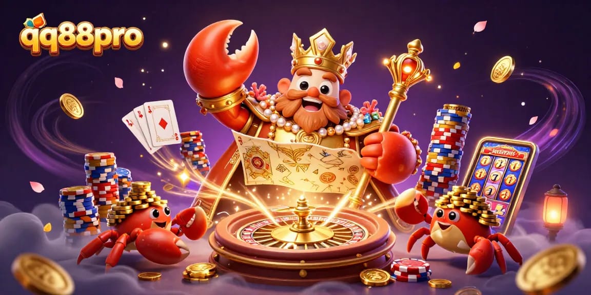 Experience thrilling gameplay with qq88pro as the golden crab emperor guides you through a vibrant casino world.