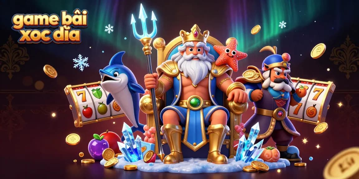 Win big in game bài xóc đĩa with Neptune and vibrant casino elements surrounding him.