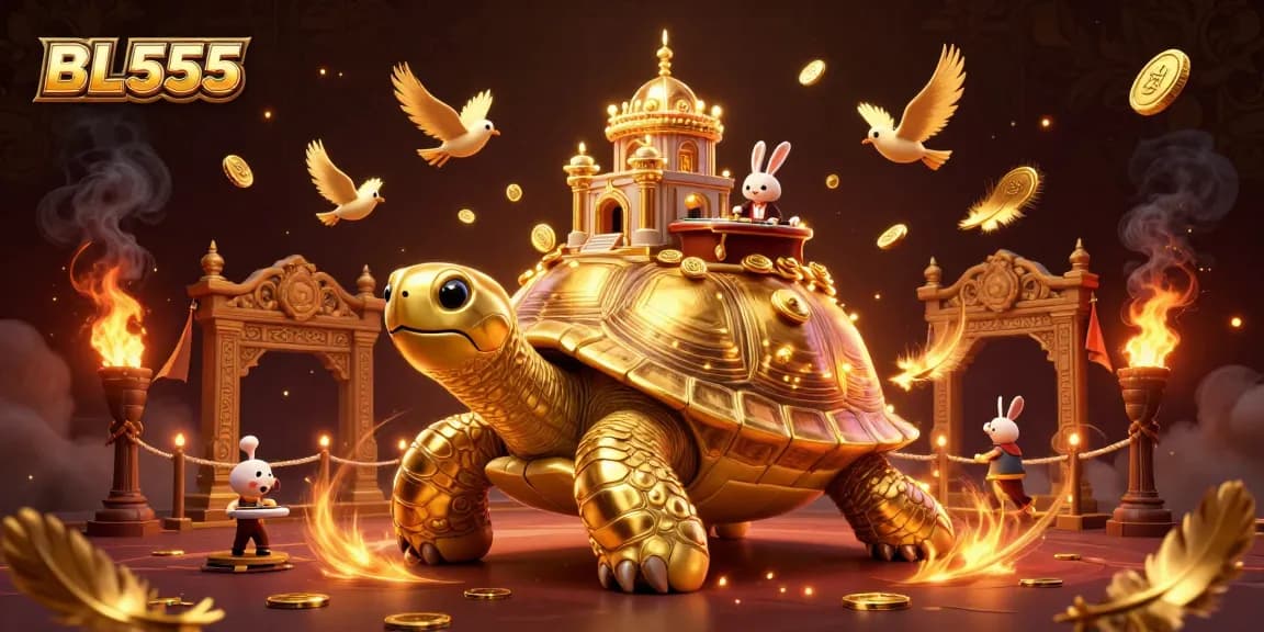 Engage with thrilling gameplay at BL555 featuring a golden tortoise casino palace and charming dealer.