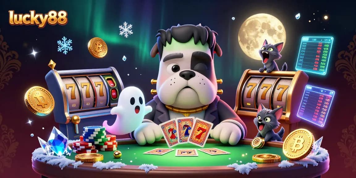 Engage with lucky88 as a cartoon Frankenstein bulldog monster deals cards amid gold coins and slot symbols.
