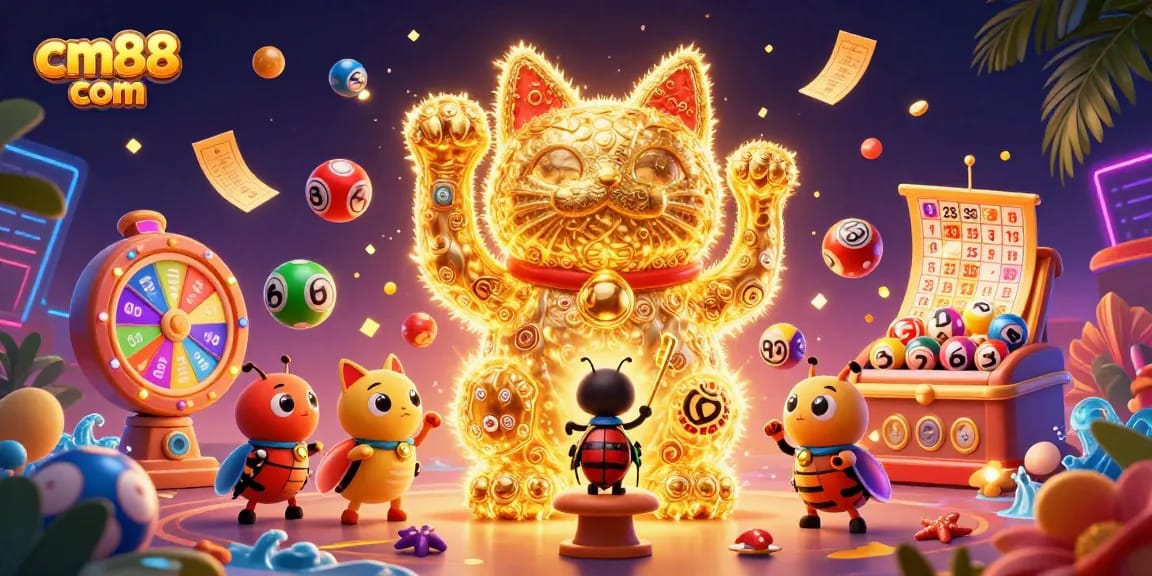 Experience the thrill at cm88 com as a lucky cat brings luck with vibrant lottery elements.