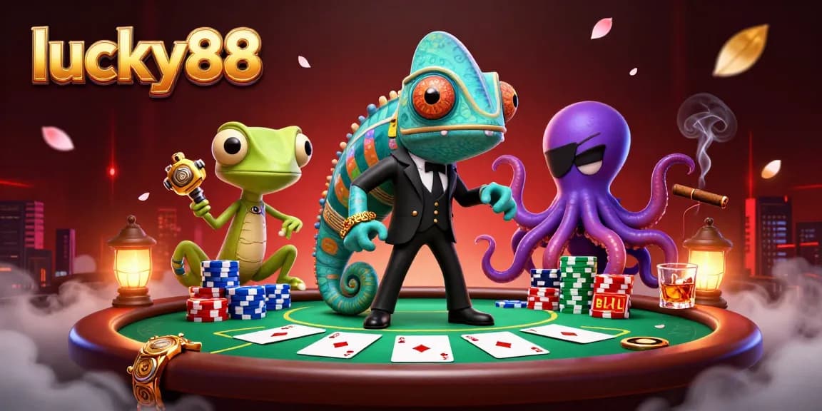 Engage in thrilling poker action with lucky88's colorful characters at the casino table.