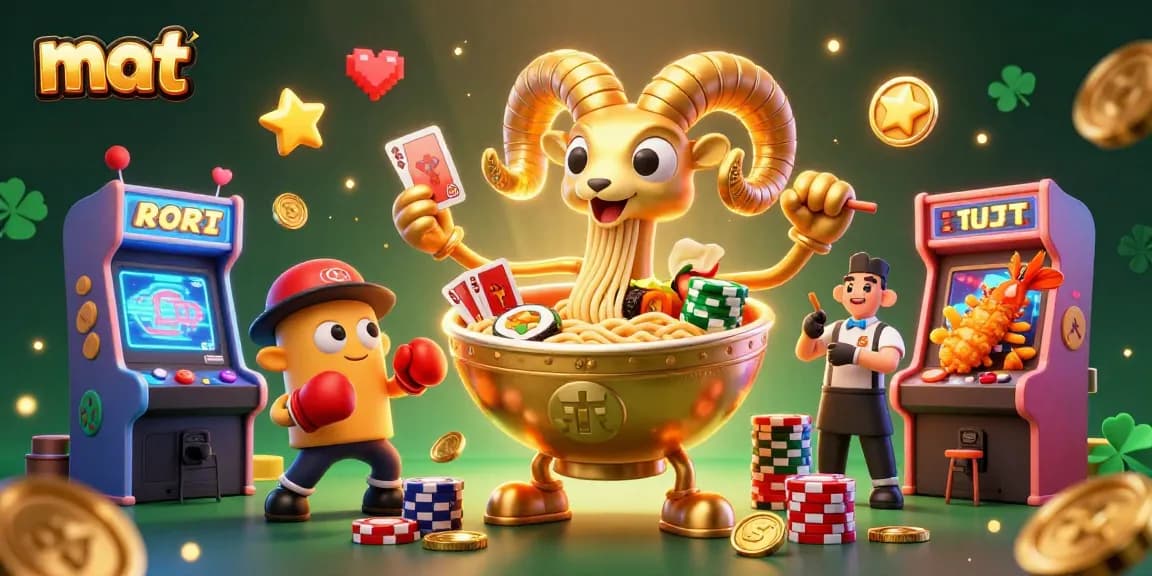 Engage in thrilling gameplay with the mat-inspired 3D casino illustration featuring a giant ramen bowl dealer.