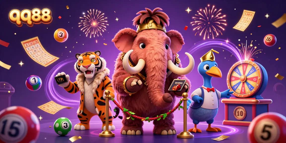 Capture the excitement of qq88's casino scene with vibrant characters and dynamic gaming elements.