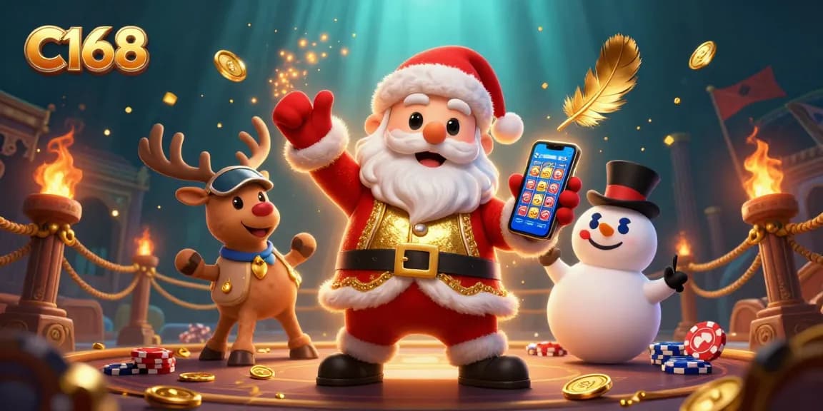 Engage with C168's vibrant casino universe featuring Santa, his reindeer, and a snowman with immersive gaming elements.
