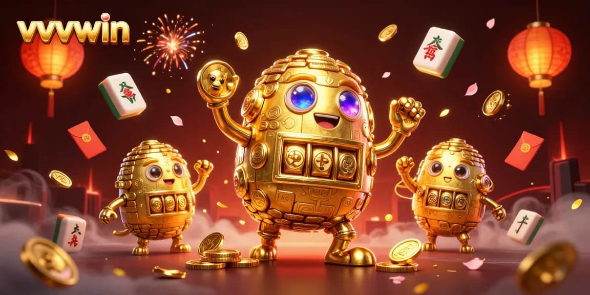 Engage with vvvwin's vibrant casino adventure featuring a golden golem surrounded by dynamic game elements.