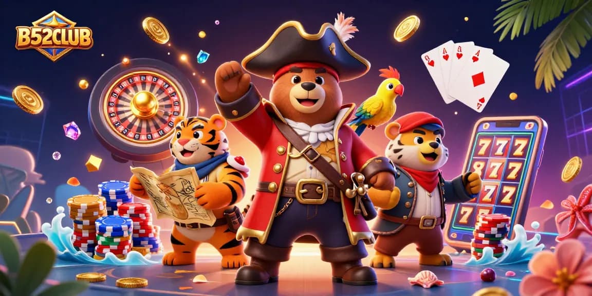Experience B52CLUB's thrilling adventure with a vibrant pirate scene full of treasure.