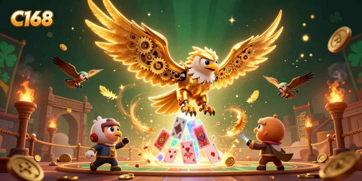 C168 players diving into thrilling games with vibrant holographic cards and golden eagle in a dynamic casino scene.