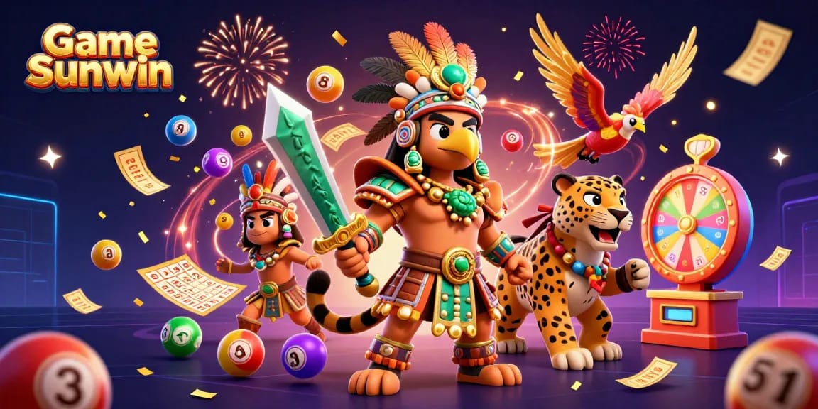Experience the excitement of Game Sunwin with vibrant lottery elements and dynamic characters in an engaging digital illustration.