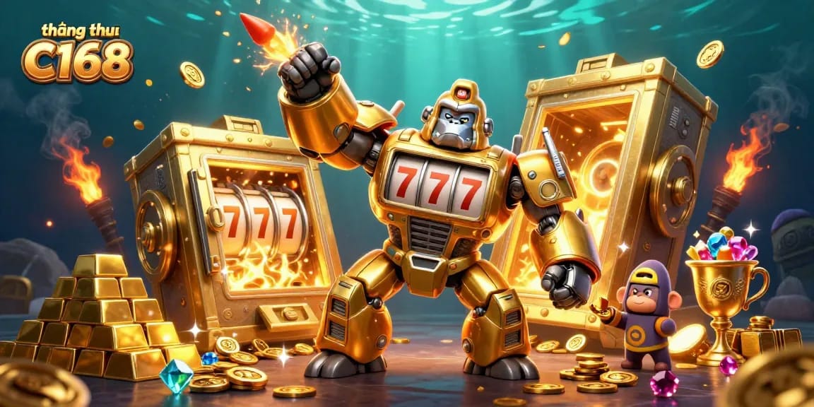 Experience thrilling adventures with thương hiệu C168 in a vibrant, gold-filled casino illustration featuring winning symbols and dynamic action.