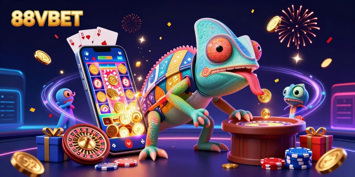 88VBET invites players to win with colorful games and golden coins in a vibrant casino scene.