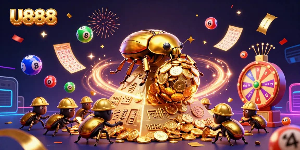Engage in thrilling gameplay at U888 with vibrant lottery balls and casino symbols in action.