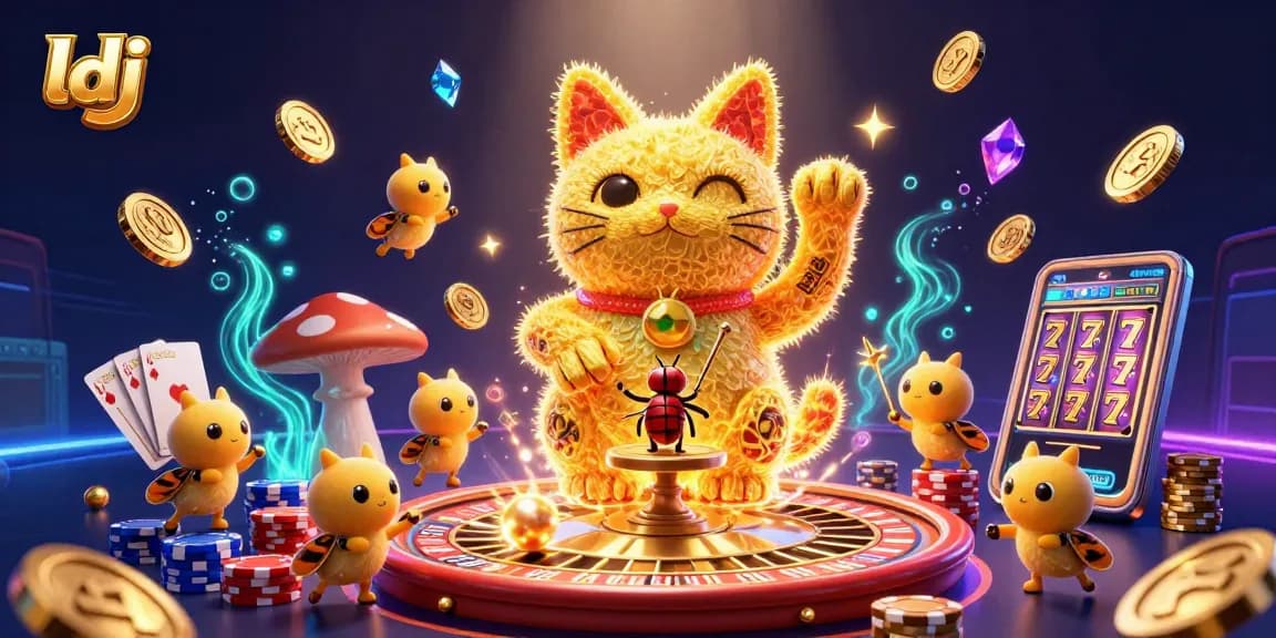 Experience the excitement of gaming at ldj with vibrant animated elements around a lucky cat and casino tokens.