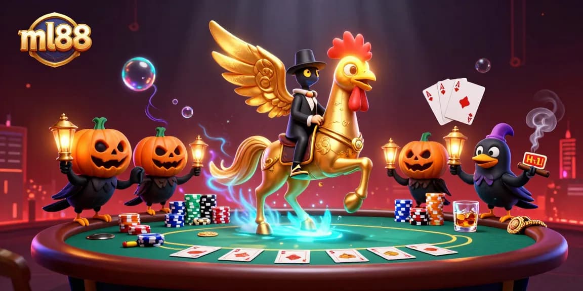 Engage in spectacular gaming at ml88 featuring a golden rooster and lantern-carrying crows in vibrant casino.