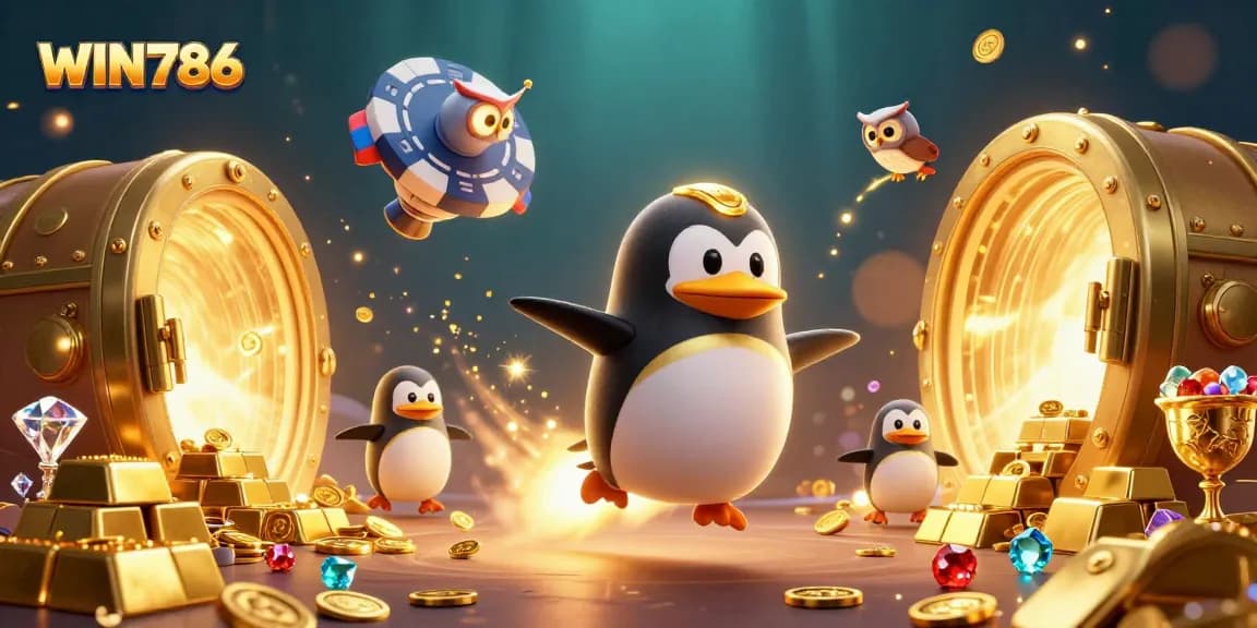 WIN786 offers thrilling casino adventures featuring a golden penguin astronaut and treasure elements in a dynamic gaming scene.