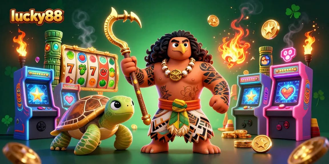 Engage with the dynamic lucky88 gaming scene featuring vibrant slot reels and enchanting characters.
