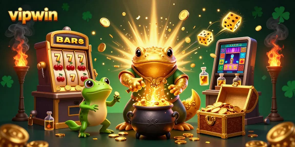 Experience jackpots at vipwin with a magical alchemist turning metals into treasures in this casino-themed illustration.