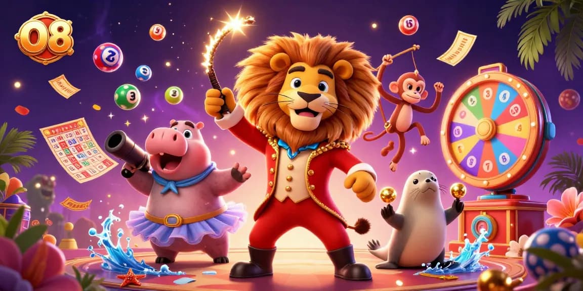 Play and win with O8 as a vibrant circus scene comes alive with colorful lottery elements.