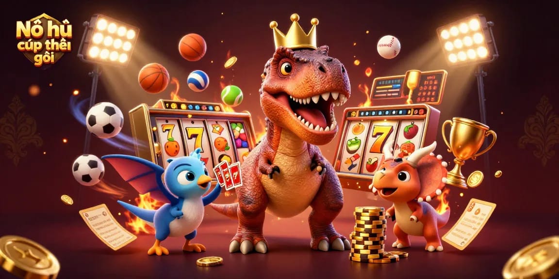Nổ hũ cúp thế giới showcases a T-Rex shuffling cards with golden coins and slot elements in a vibrant casino scene.