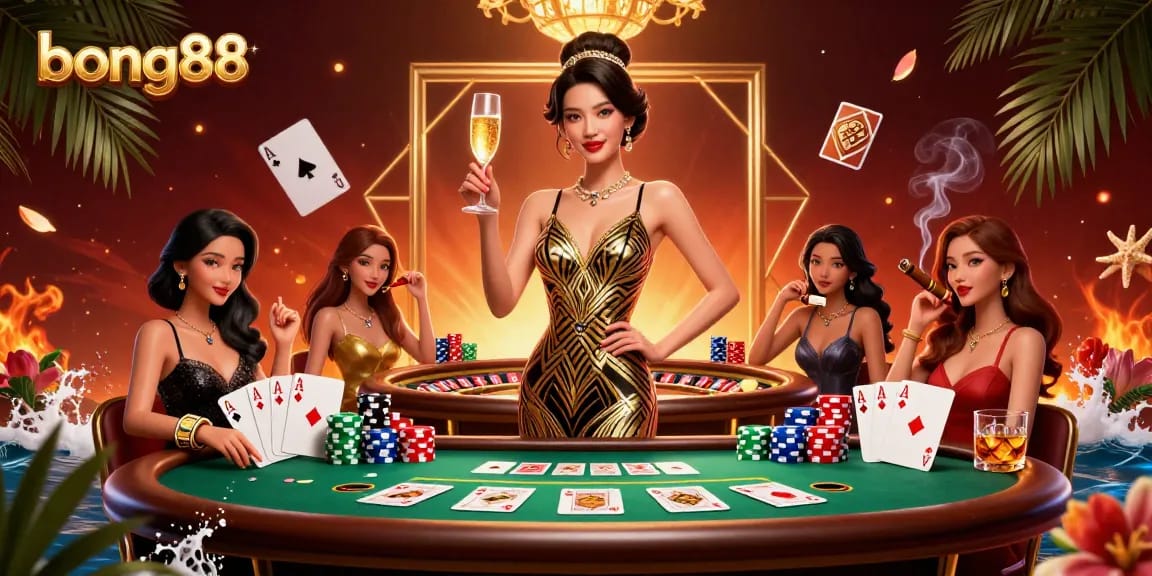Experience the excitement of bong88 with an elegant casino scene featuring poker tables and vibrant gaming elements.