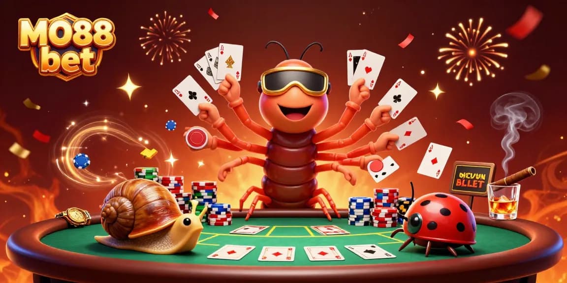 Experience the excitement of MO88 bet with vibrant casino characters at a poker table.