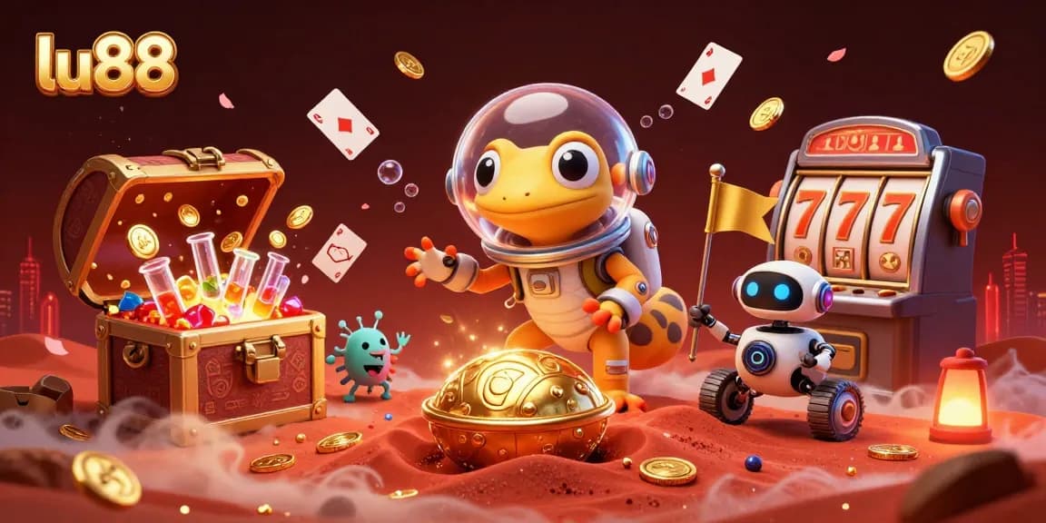 lu88 showcases a Martian gecko exploring a golden casino, surrounded by vibrant casino elements.