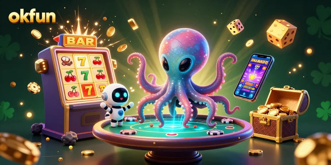Experience thrilling games at okfun with a 3D alien octopus in a dazzling casino world.
