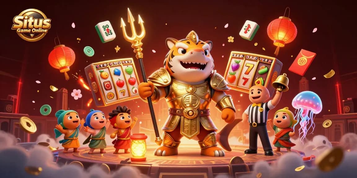 Situs Game Online showcases thrilling slot action with a shark gladiator in an underwater arena.
