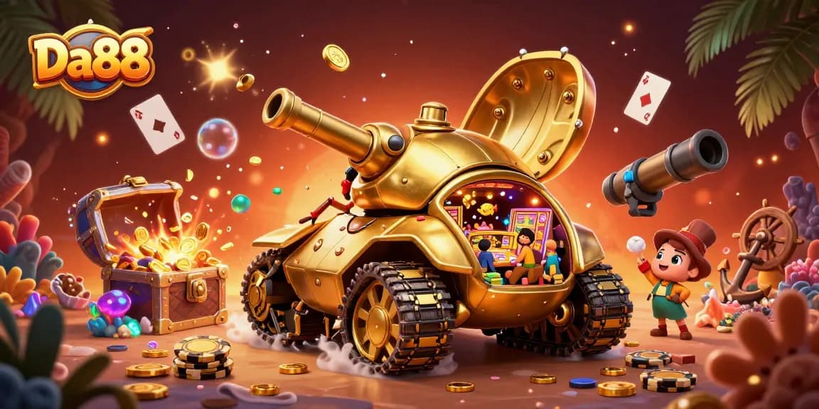 Experience the thrilling Da88 casino adventure with a golden beetle tank and vibrant treasures!