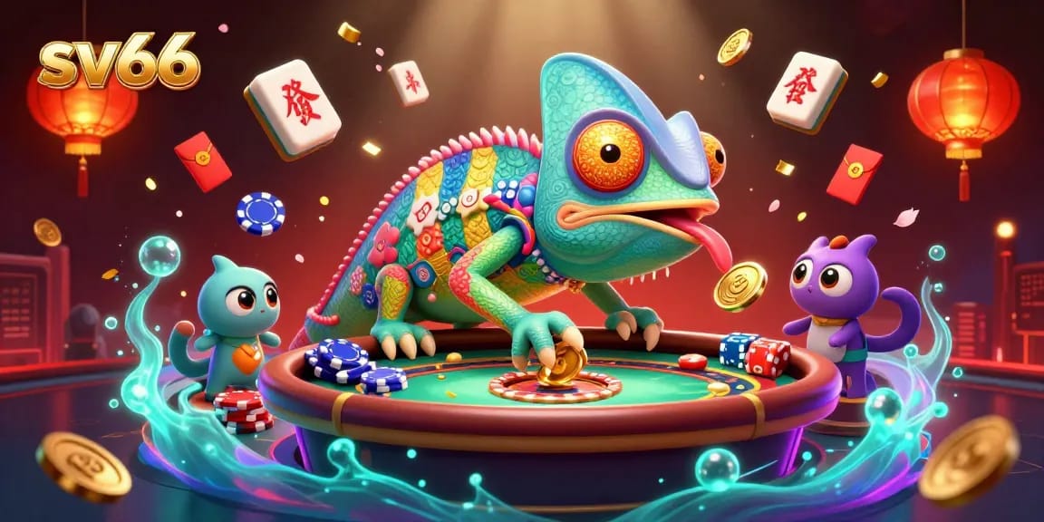 Experience the vibrant world of sv66 casino with chameleon mascot and dynamic gaming elements.