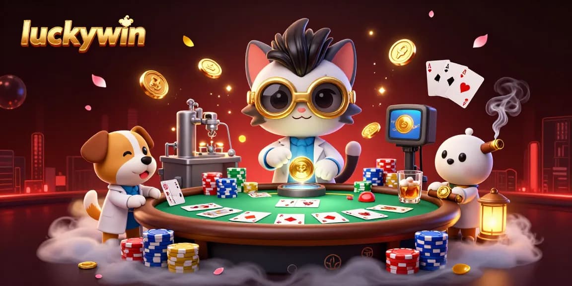 Experience the excitement of luckywin with a cat scientist creating winning moments at a vibrant casino scene.
