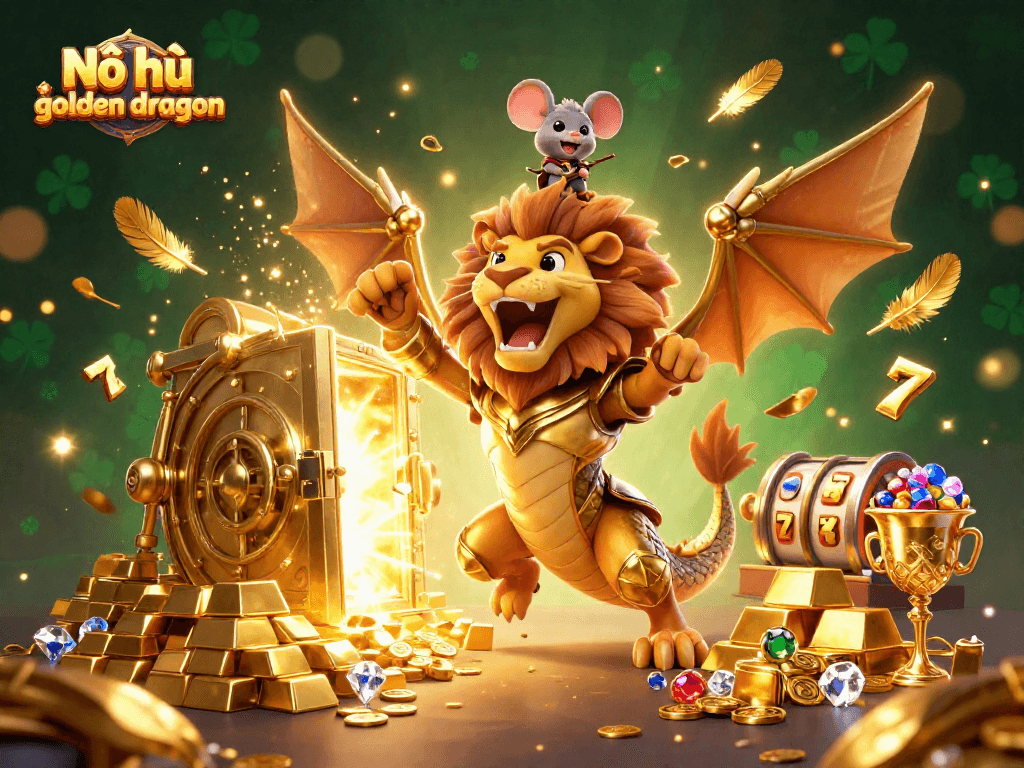 Experience the thrill of Nổ hũ golden dragon with riches cascading from treasure vaults and dynamic slot elements.