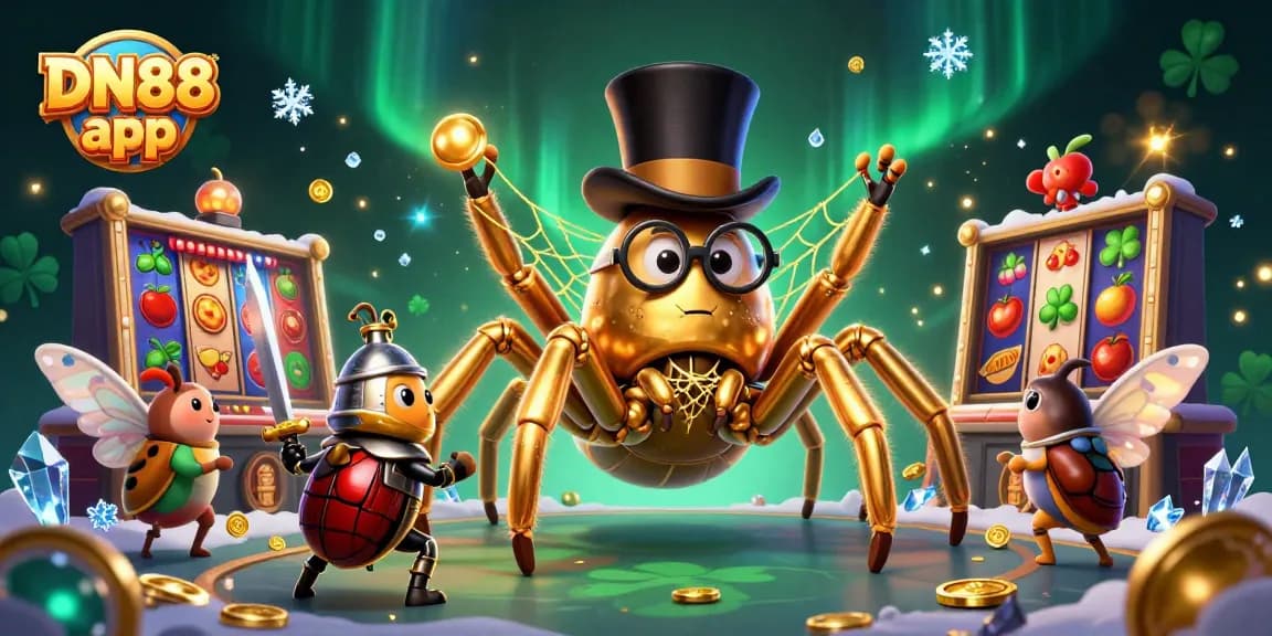 Engage with the DN88 app featuring a golden tarantula and beetle knight amid vibrant slot games.