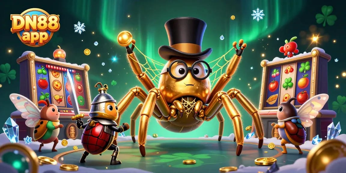 Engage with the DN88 app featuring a golden tarantula and beetle knight amid vibrant slot games.