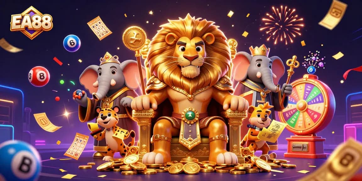 Experience the excitement of EA88 with vibrant gambling characters in a 3D casino scene.