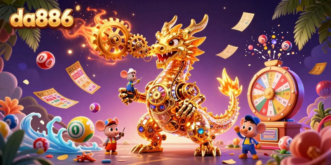 Join the excitement at da886 with dynamic lottery elements and a friendly golden dragon illustration.