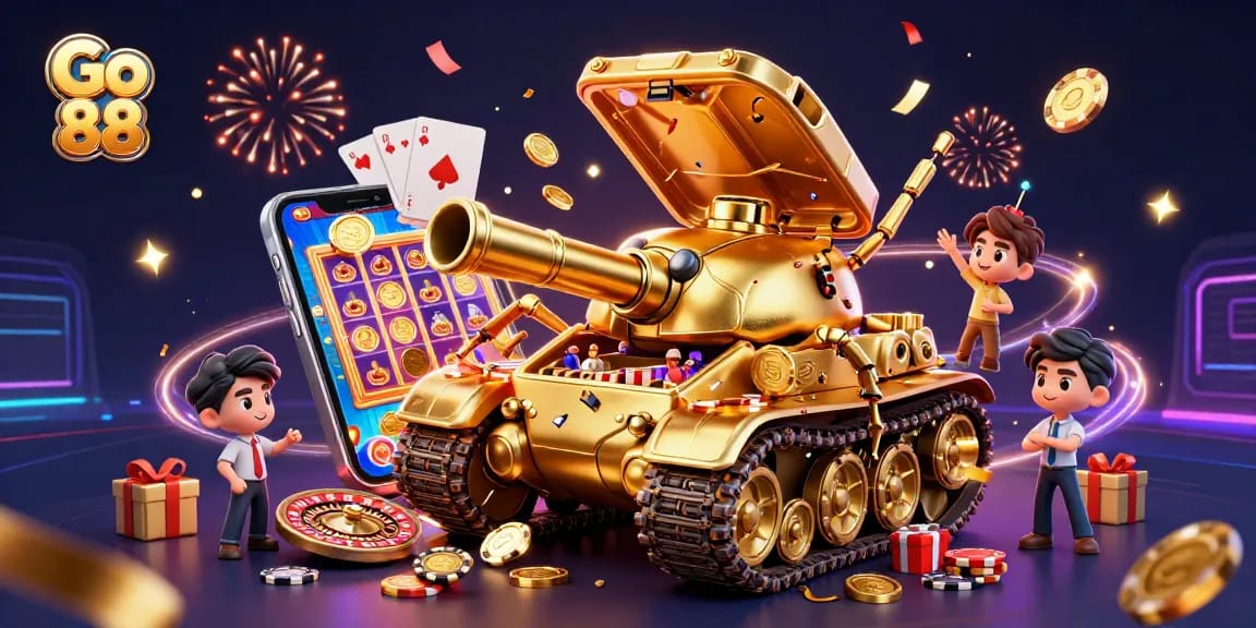 Engage with Go 88's thrilling casino world featuring a golden beetle tank and dynamic gaming elements.