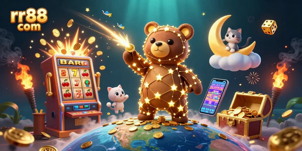 Scoop coins and win with rr88 com in this vibrant, magical casino-themed 3D illustration.