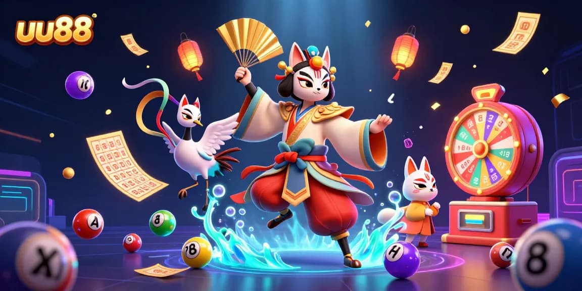 Capture exciting gaming action with uu88, featuring colorful lottery elements and vibrant characters.