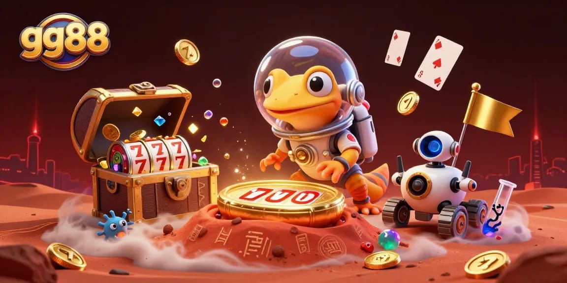 Experience the excitement of gg88 with a Martian gecko discovering a vibrant gold casino amidst thrilling elements.