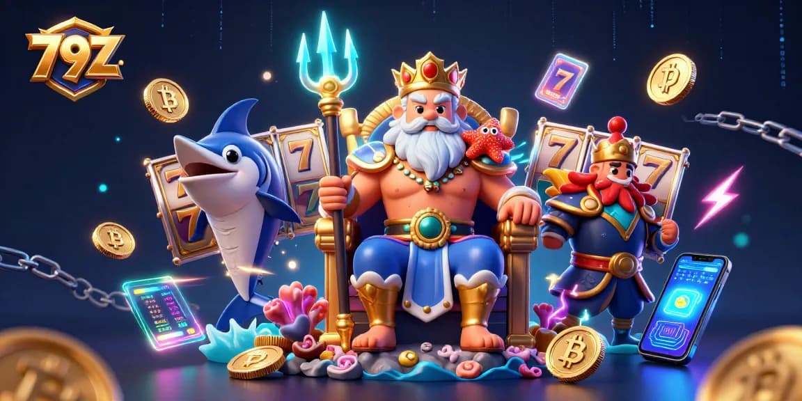 Spin and win at 79Z with captivating slot reels surrounded by Neptune and samurai in a vibrant casino!