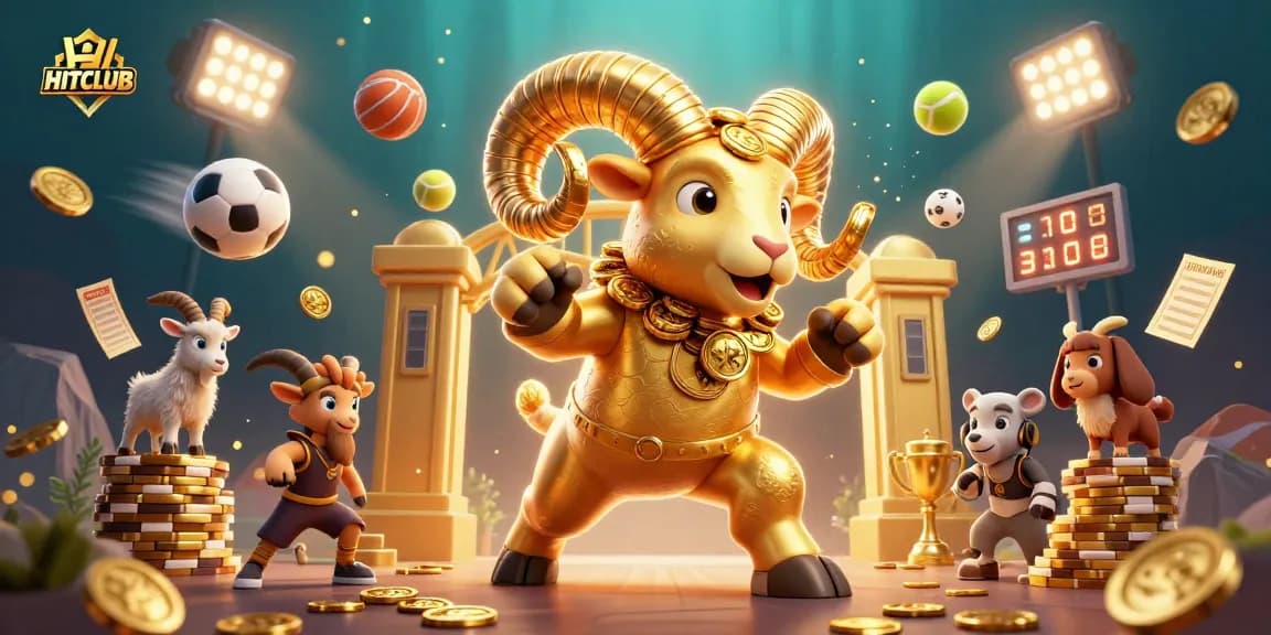 HITCLUB showcases a golden ram charging through a vibrant casino, celebrating rich gaming experiences.