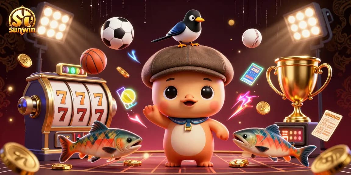 Experience sunwin with vibrant 3D illustration representing dynamic casino fun and gaming excitement.