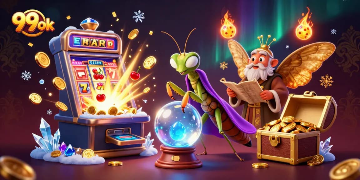 Spin jackpots at 99ok with a vibrant casino-fantasy scene featuring slot machines and fortune tellers.