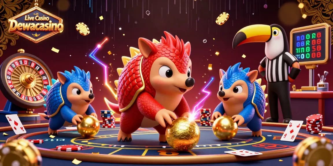 Engage with Live Casino Dewacasino's thrilling gameplay featuring dynamic pangolins, roulette, and poker elements.