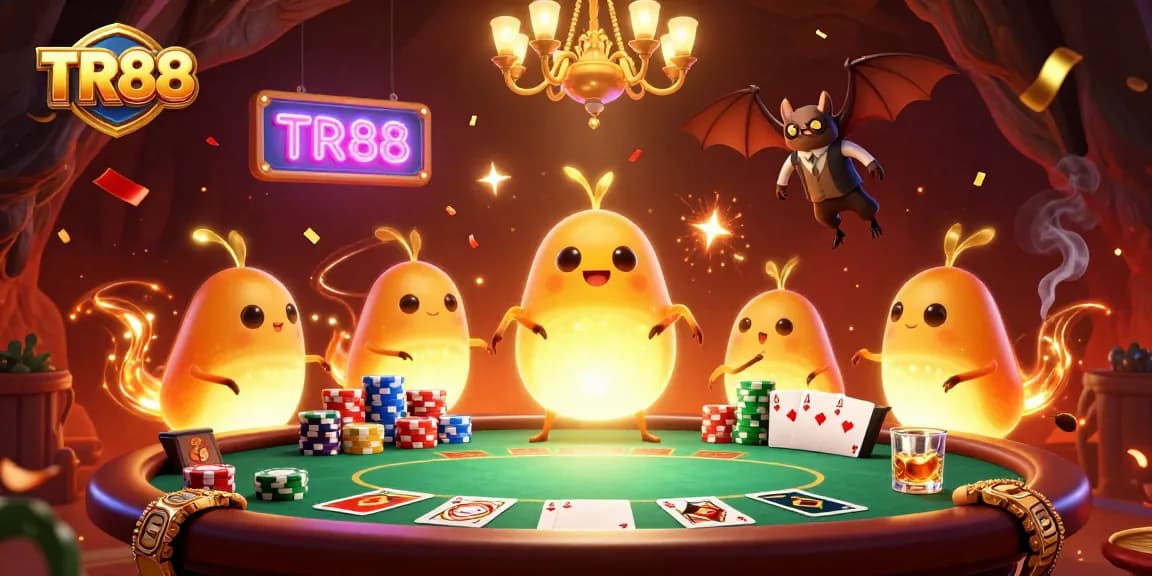 Experience the vibrant TR88 casino scene with glowing glowworms and a bat dealer for a unique poker game.