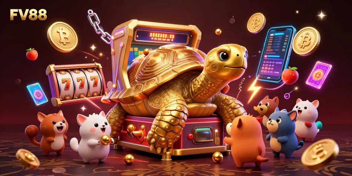Engage in the vibrant world of FV88 with a golden tortoise pinball machine illustration showcasing dynamic gambling excitement.