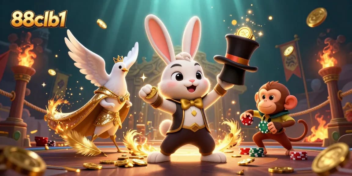 Engage with thrilling slots at 88clb1, featuring a rabbit magician and vibrant casino elements.