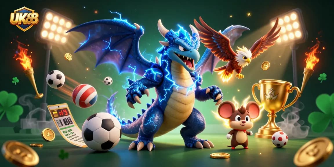 Experience UK88's thrilling action with a dynamic 3D casino illustration full of engaging sports elements.